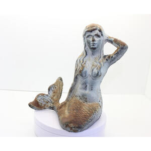 Cast Iron Mermaid Statue 7" Sitting Figurine Nautical Green Rustic Patina Finish